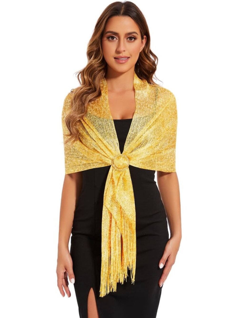 Sparkling Metallic Shawl Wrap with Buckle - Perfect for Evening, Wedding & Party